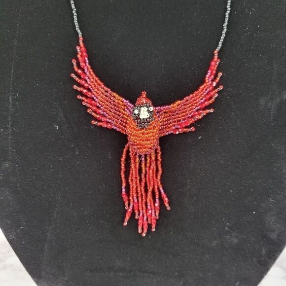 Handcrafted Beaded Cardinal Red Bird Necklace and Earrings Great Gift - Picture 3 of 13